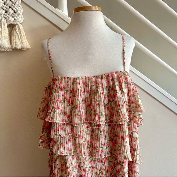 Something Navy Floral Tiered Pleated Spaghetti Strap Midi Dress Cream Pink S NWT - Picture 9 of 16